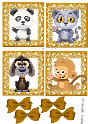 four cute animals with gold bows toppers