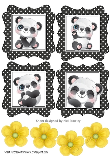 4 Lovely little black and white panda toppers with yellow flowers