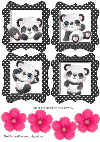 4 Lovely little black and white panda toppers with pink flowers