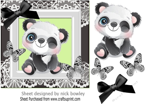 Cute Panda with butterflies and bow 7x7 (one)