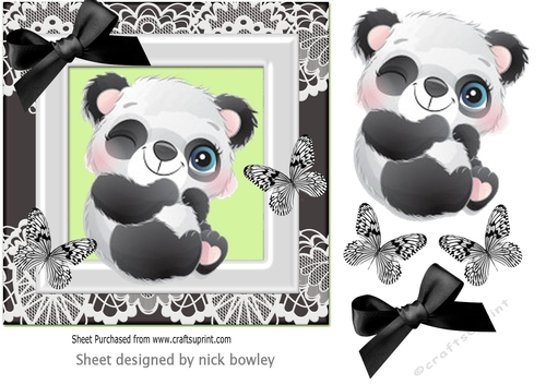 Cute Panda with butterflies, lace and black bow 7x7 (two)