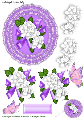 Pretty lilac lace doillie with white flowers cut out