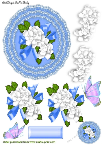 Pretty blue lace doillie with white flowers cut out