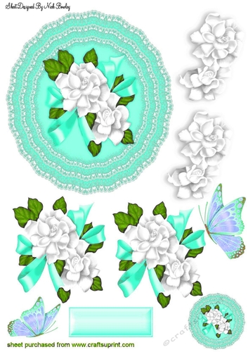 Pretty turq lace doillie with white flowers cut out