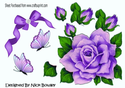 Big lilac rose with diamond bow. butterflies cut outs