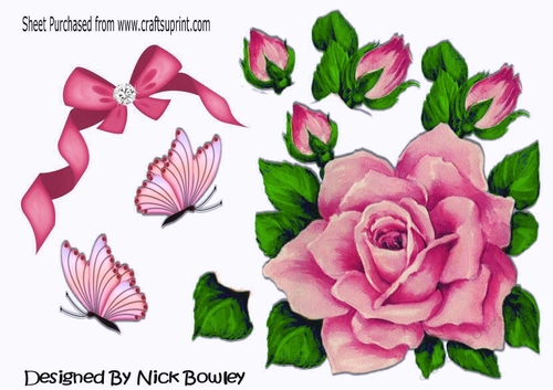Big pink rose with diamond bow. butterflies cut outs