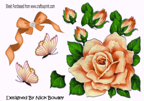 Big peach rose with diamond bow. butterflies cut outs