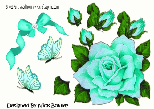 Big turq rose with diamond bow. butterflies cut outs