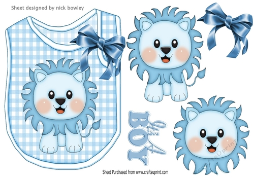 Cute blue lion on a check bib with bow for baby boy