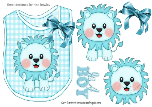 Cute turq lion on a check bib with bow for baby boy