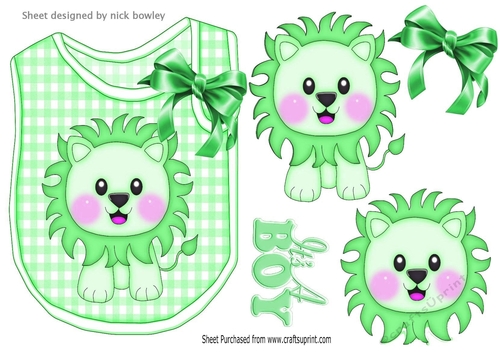 Cute green lion on a check bib with bow for baby boy