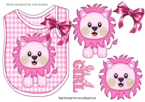 Cute pink lion on a check bib with bow for baby girl