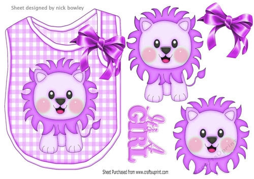 Cute purple lion on a check bib with bow for baby girl