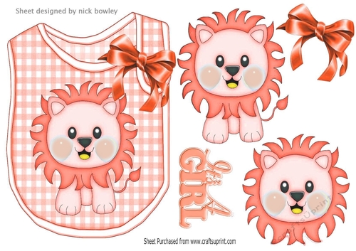 Cute peach lion on a check bib with bow for baby girl