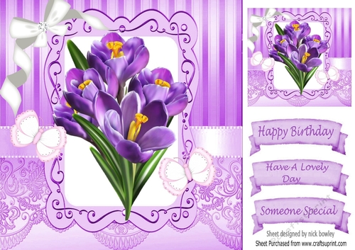 Pretty purple iris with butterflies and diamante bow 8x8