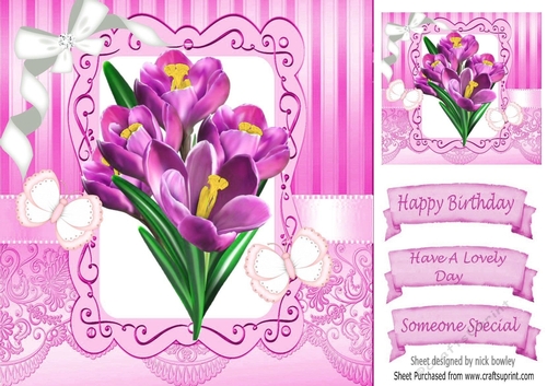 Pretty pink iris with butterflies and diamante bow 8x8