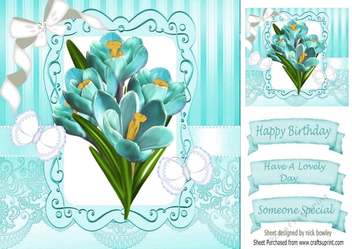 Pretty turq iris with butterflies and diamante bow 8x8