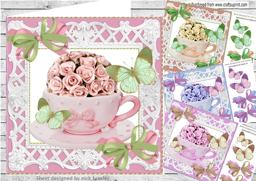 4 Pretty coloured roses in a teacup with butterflies card fronts  mini kit