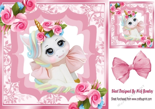 Pretty unicorn with roses and pink bow 8x8