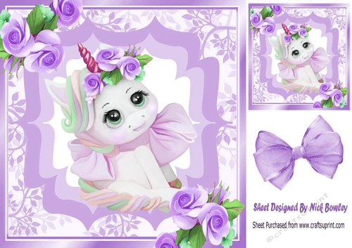 Pretty unicorn with roses and purple bow 8x8