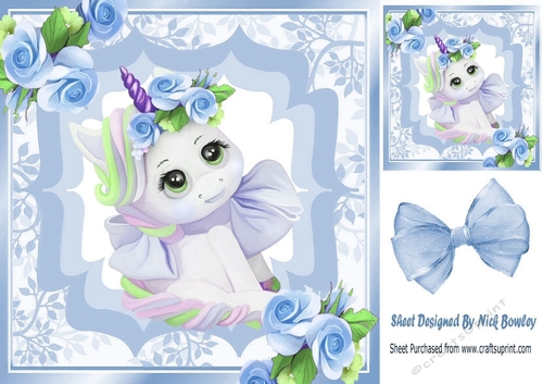 Pretty unicorn with roses and blue bow 8x8