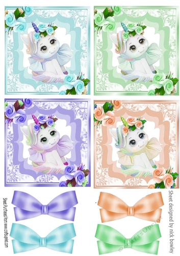 4 Pretty coloured unicorn toppers with roses and bows (two)