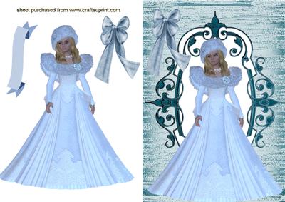 Elegant Lady in Ice Blue & White Snow Gown