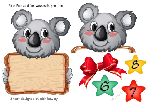 Koala with red bow over the edge and stars 
