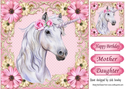 Gorgeous white unicorn with pink flowers 8x8