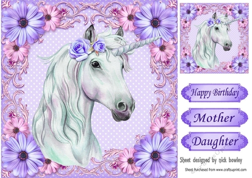 Gorgeous white unicorn with purple flowers 8x8