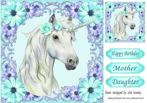 Gorgeous white unicorn with turq flowers 8x8