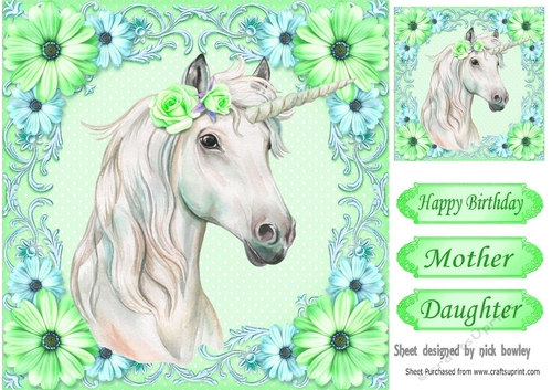 Gorgeous white unicorn with green flowers 8x8