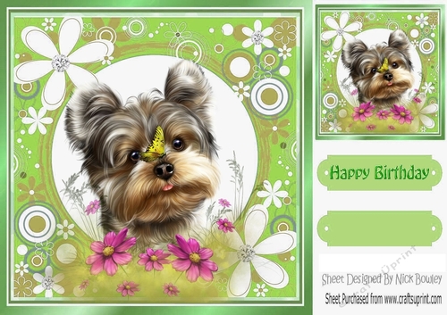 Cute little terrier in green flower frame 8x8