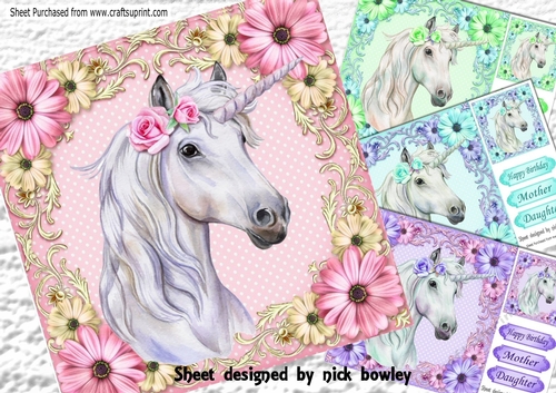  4 Gorgeous white unicorns with flowers card fronts 8x8  mini kit