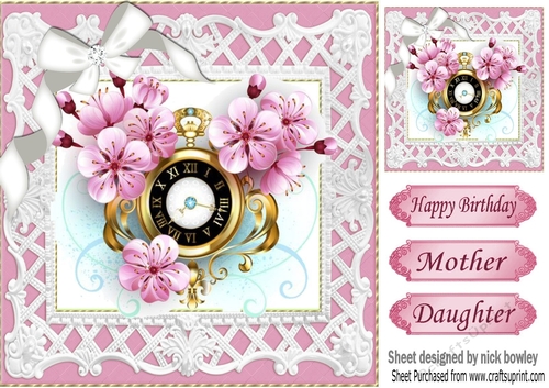 Pretty pink floral clock with white bow 8x8