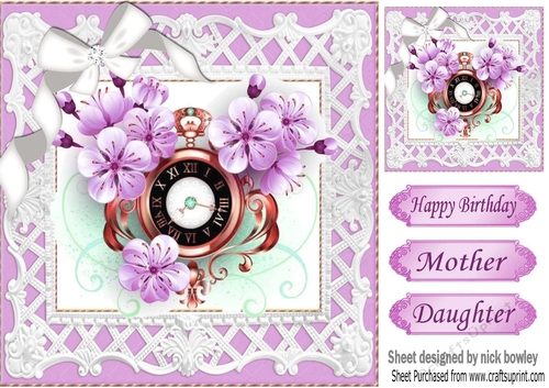 Pretty lilac floral clock with white bow 8x8