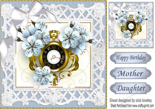 Pretty blue floral clock with white bow 8x8