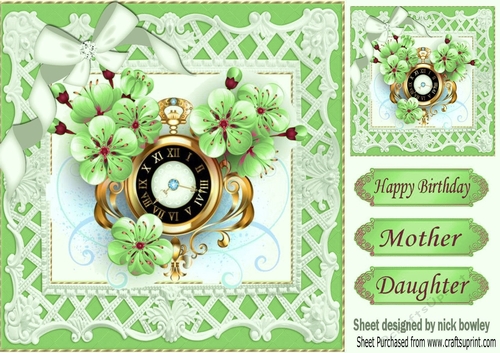 Pretty green floral clock with white bow 8x8
