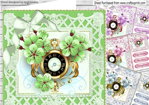  4 Pretty floral clocks with white bows card fronts 8x8 mini kit