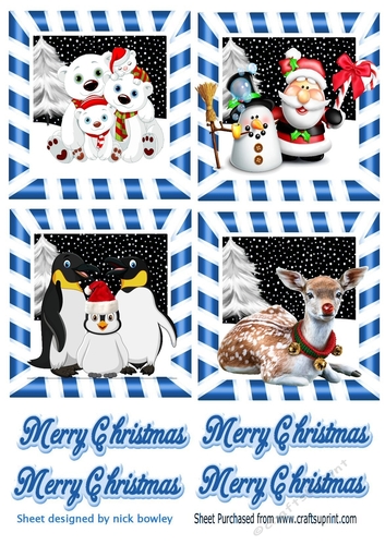 4 cute  christmas animal toppers in blue snow scene
