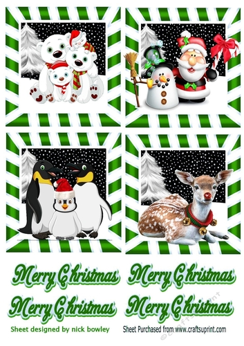 4 cute  christmas animal toppers in green snow scene