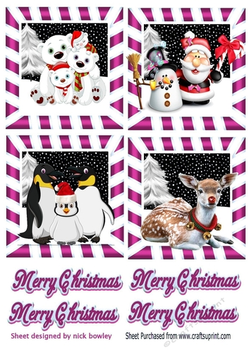 4 cute  christmas animal toppers in pink snow scene