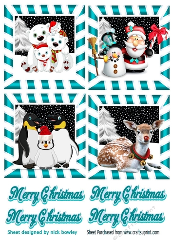 4 cute  christmas animal toppers in turq snow scene