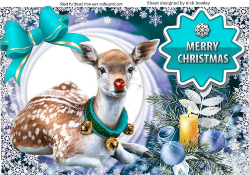 Pretty Deer in snow frame with baubles A4 (turq)