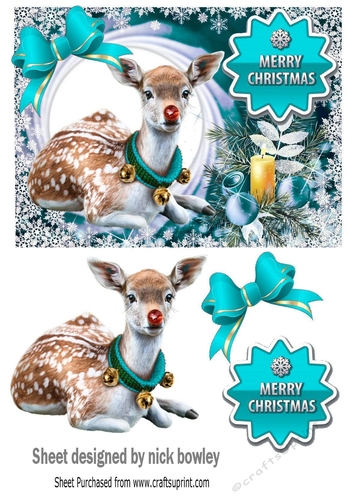 Pretty Deer in snow frame with baubles A5 (turq)
