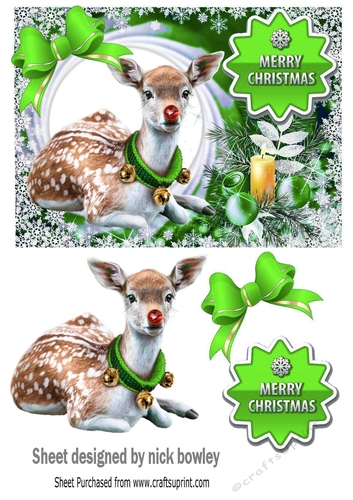 Pretty Deer in snow frame with baubles A5 (green)