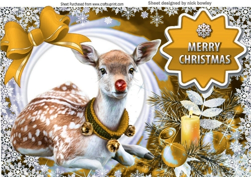 Pretty Deer in snow frame with baubles A4 (gold)