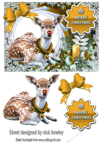 Pretty Deer in snow frame with baubles A5 (gold)