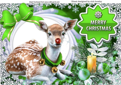 Pretty Deer in snow frame with baubles A4 (green)