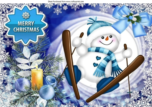 jolly snowman in snow frame with baubles/bow A4 (blue)